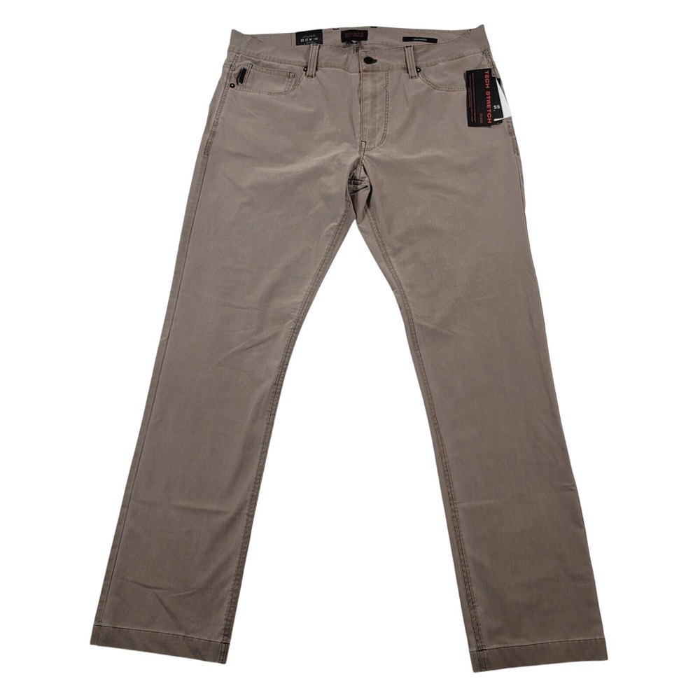 Guess Slim Tapered Pants Mens 36x32 Walnut‎ Shell Brown Nylon Stretch $138 NEW